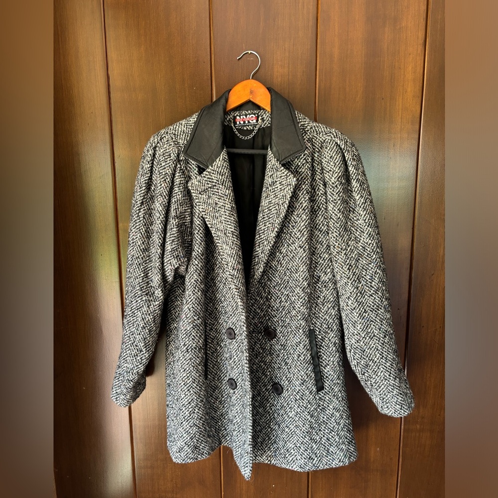 #16 Authentic Vintage 90s Tweed Coat Jacket With Leather Trim